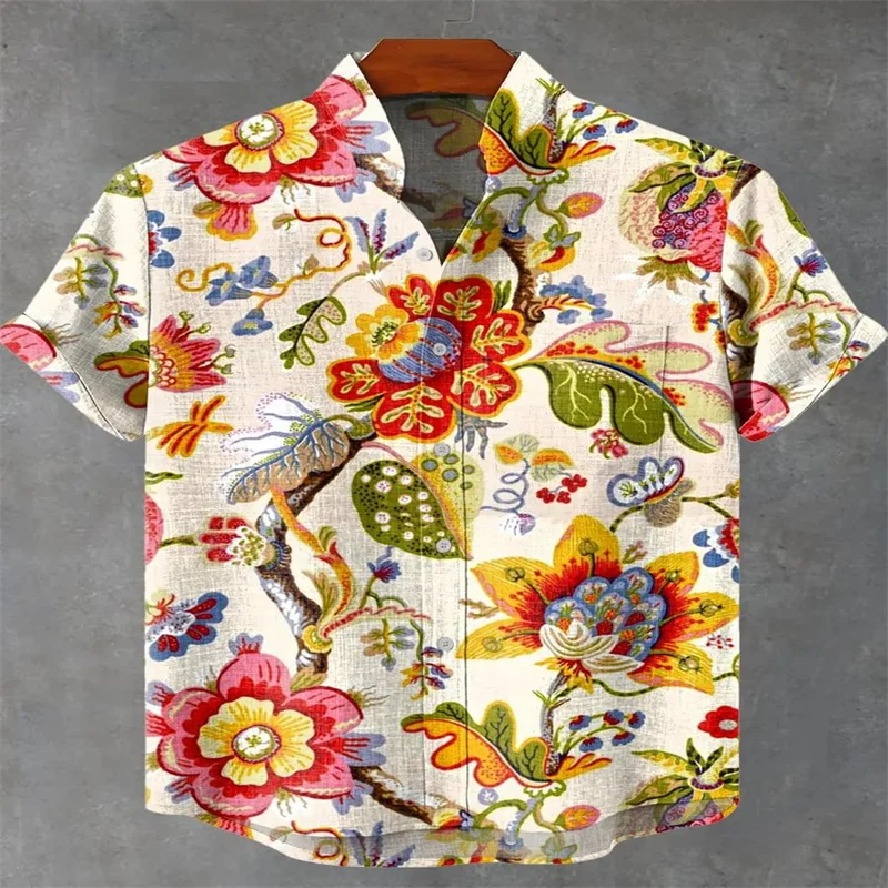 

Retro Floral Print Men's Shirt Short Sleeve Breathable Linen Blend Stand Collar Casual Hawaiian Tops For Holiday Party