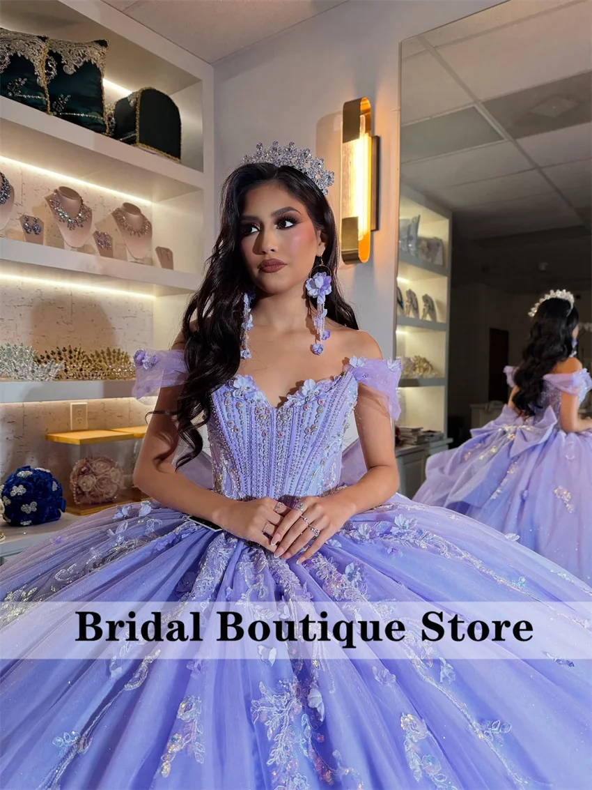 

Lavender Purple Ball Gown Quinceanera Dresses for Girl Rhinestones Off Shoulder Appliques Crystals 15 Anos Vestido Customized