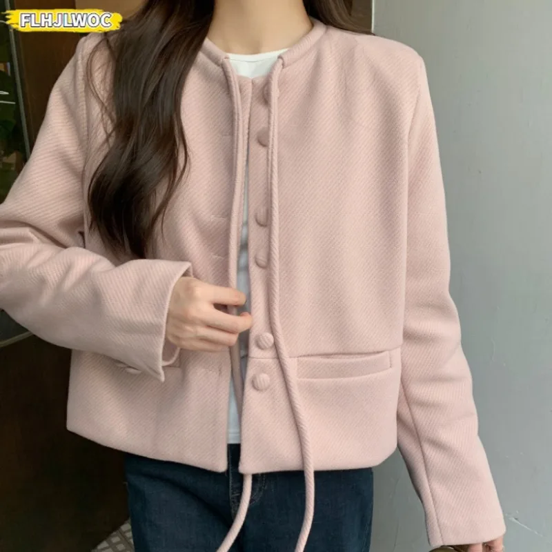 Woolen Cloth Bow Tie Short Small Coats Winter New Year Cute Sweet Girls Preppy Style Casual Button Pink Short Jackets Outerwear