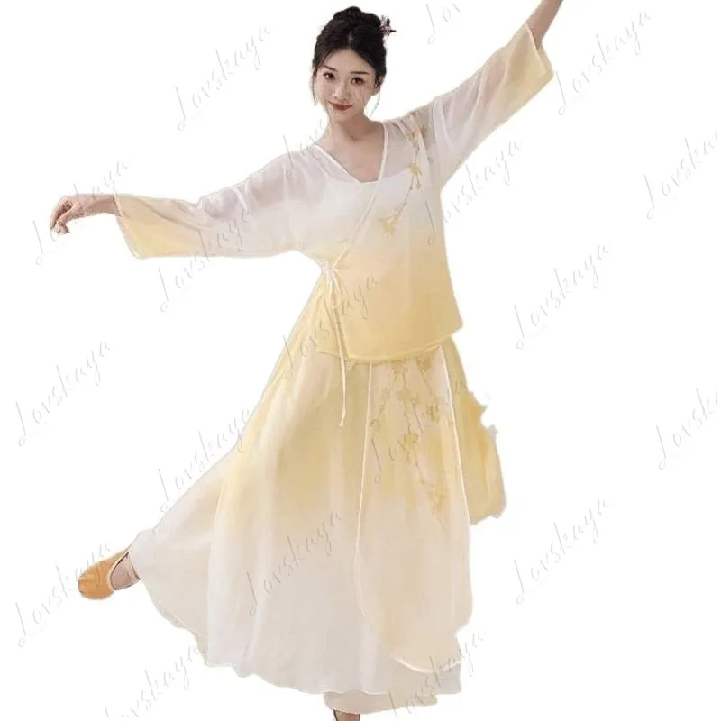 New Classical Dance Clothes New Chinese Printing Gradual Change Gauze Clothes Elegant Big Swing Skirt