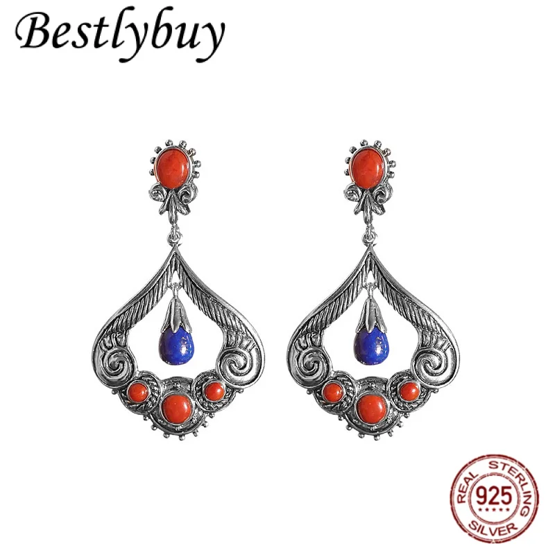 

NEW S925 Sterling Silver Inlaid Natural Lapis Lazuli Phoenix Tail Pendant Earrings Women's Retro Bohemian Style Jewelry