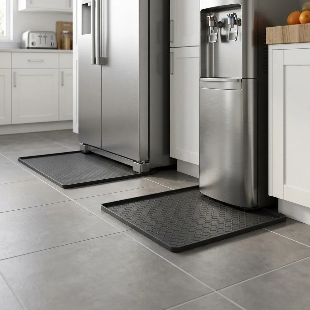 2 Pcs 50x50CM Silicone Non Slip Floor Mat Set Square Black for Refrigerator Water Dispenser Appliance Floor Protection