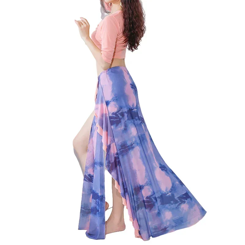 Oriental Team Dance Costume 2 Piece Set Sexy Women Bellydance Clothes Middle Sleeve Tank Top Side Slit Long Skirt Floral French