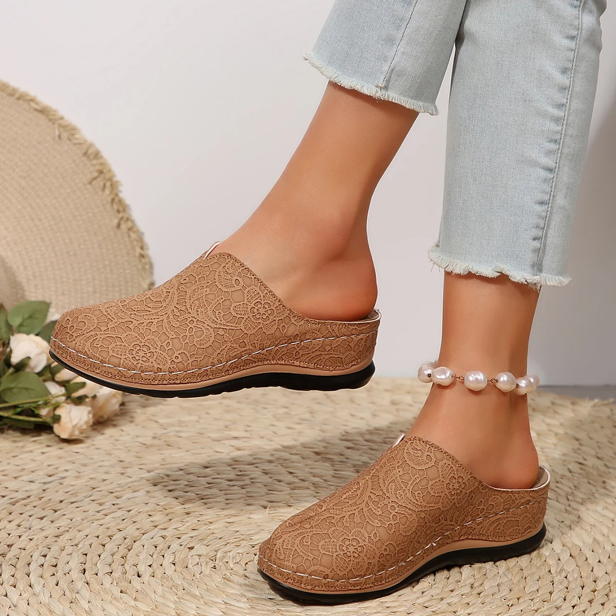 *Summer New Round Head Slope Heel Comfortable Casual Slippers Fashionable and Sexy Baotou Hot Selling Half Slippers for Women