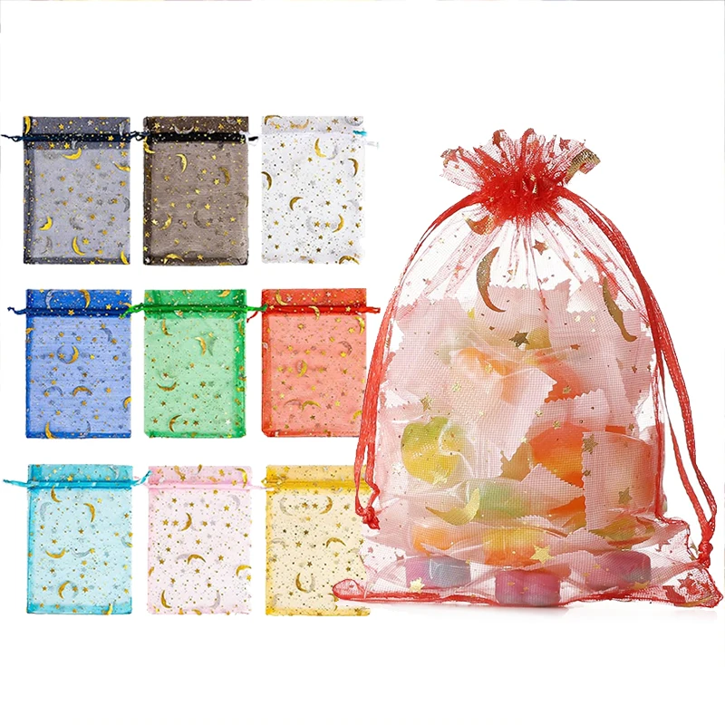 

10 шт. мешочки из органзы на шнурке, в стиле «Луна и звезды», подарочные пакеты, мешочки из органзы с золотыми звездами для Рождества и свадьбы, TMZ