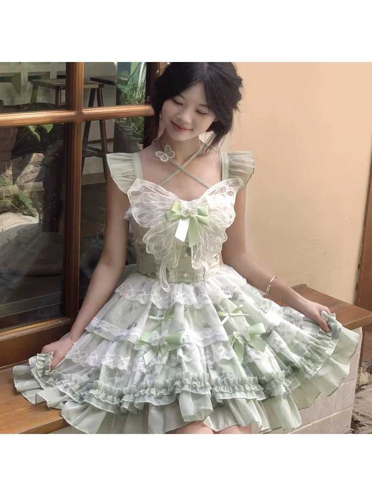 

White/green Butterfly Summer Fresh Princess Girl Birthday Short Dress Sweet Lolita Girl Tea Party Dress