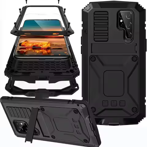 Rugged Metal Case For Samsung S25 S24 S23 S22 S21 Ultra Plus Note 20 A32 Military Shockproof Cover with Screen Protector Stand