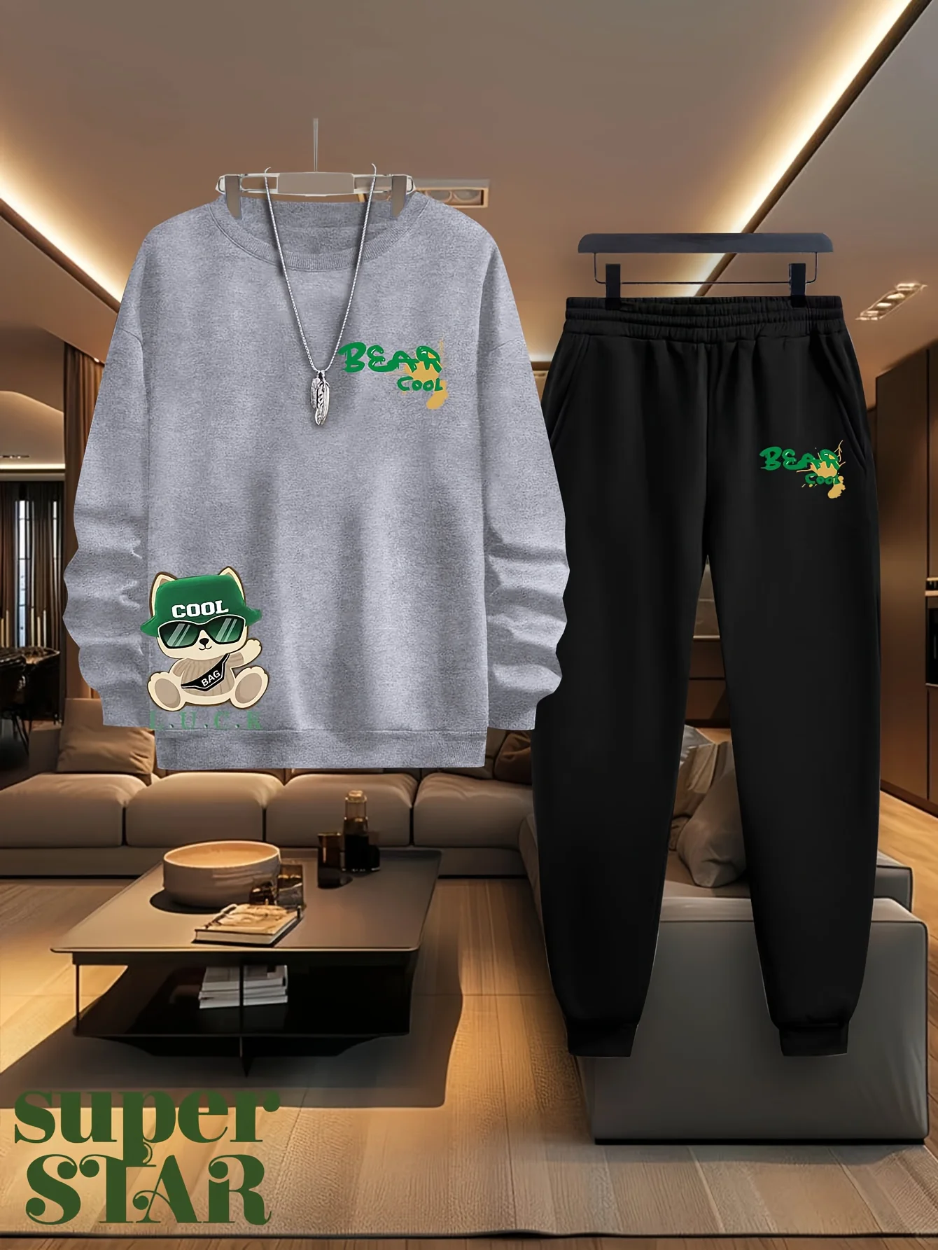 2026 Autumn New Men's Long-Sleeved Pants Set for Street Casual Fashion Soft and Comfortable 3D Bear Pattern Print view 5
