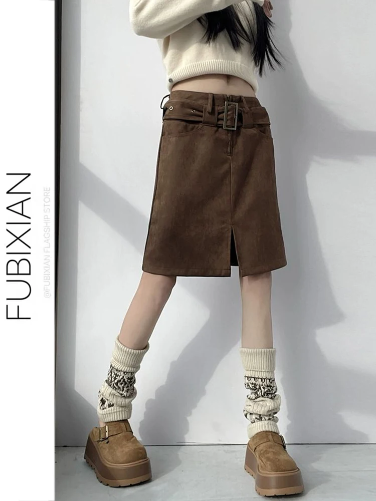 

Замшевая юбка с поясом, разрезом спереди, высокой талией, облегающая, кофейного цвета, женская, зимняя, модная, средней длины