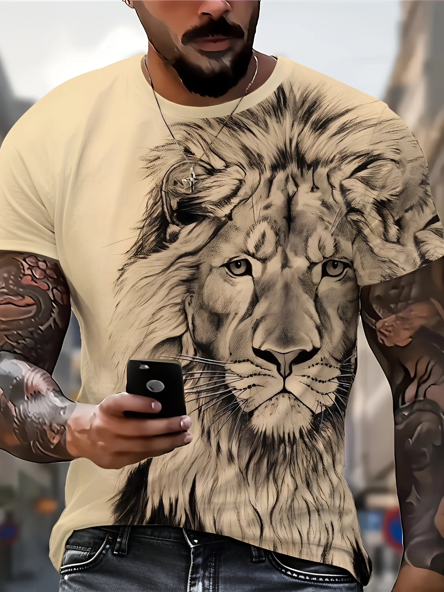 Men's short-sleeved oversized t-shirt shirt, men's design clothing, fighting animal, beast, fierce lion 3D printed
