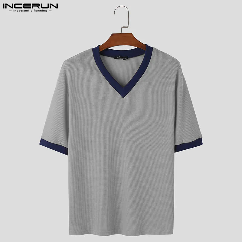 INCERUN Tops 2024 Korean Style Men\'s V-neck Design T-shirt Casual Streetwear Texture Splicing Color Short Sleeved Camiseta S-5XL