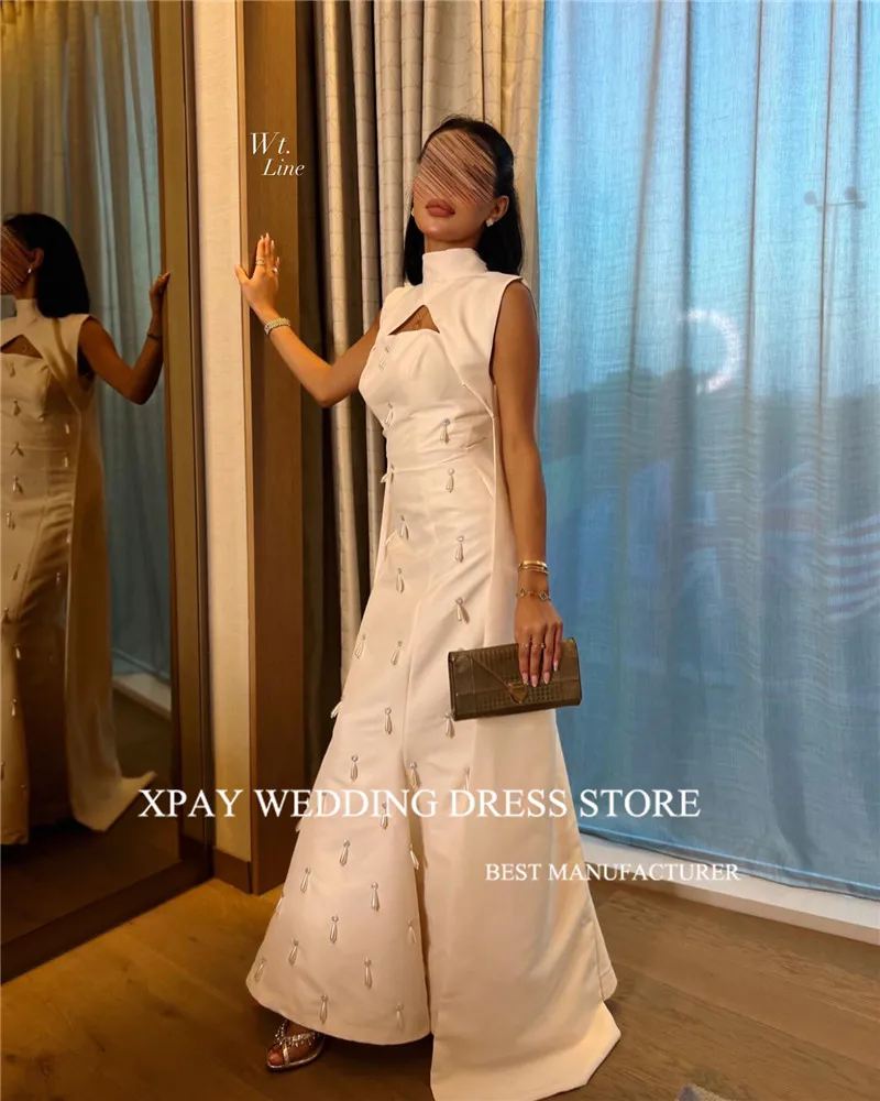 XPAY Vintage White A Line Satin Evening Dresses Saudi Arabic Women Formal Party Dress Prom Gowns Ankle Length Vestido de noche