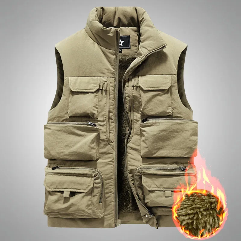 

Men's Outdoor Multi-Pocket Fleece Lined Cargo Vest Winter Warm Utility Vest Casual Sleeveless Jacket for Fishing Hunting