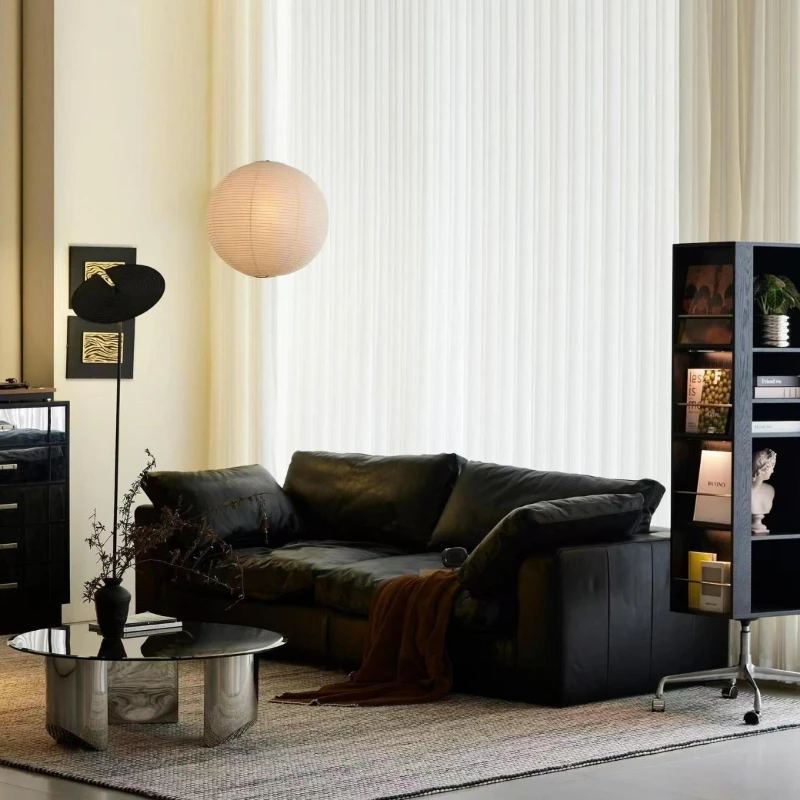 

Nordic retro all-leather cloud sofa modern Italian light luxury straight row living room leather sofa