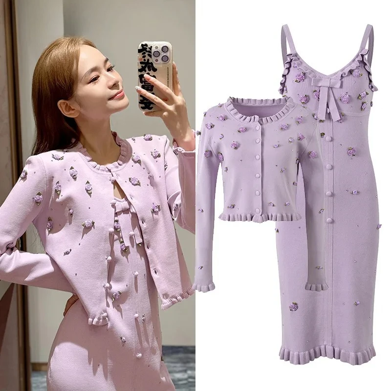 

Sweet Purple 2-piece Set Elegant Three-dimensional Flower Long-sleeved Knitted Top Suspender Dress Spring Autumn Women Clothing