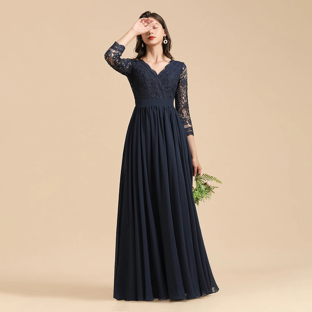 MisShow BM3018 – Robe de demoiselle d'honneur personnalisée, bleu marine, manches 3/4, col en v, dos nu, Robe de soirée, automne hiver