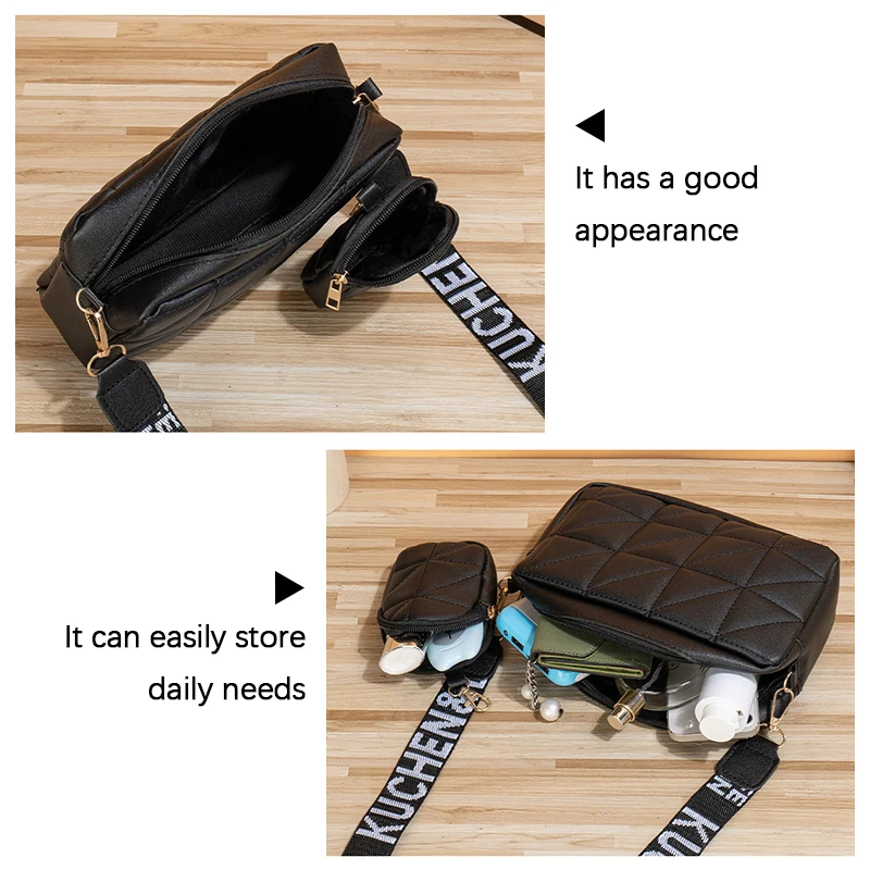 Fashionable Mobile Phone Bag, Large Capacity Checkered Shoulder Bag, Two-Piece Set, Wide Shoulder Strap view 4