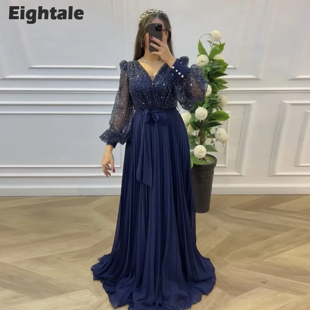 

Eightale Shiny Evening Dress Champagne V-Neck Sequin Long Sleeves A-Line Chiffon Prom Party Gown Arabic Robes De Soirée