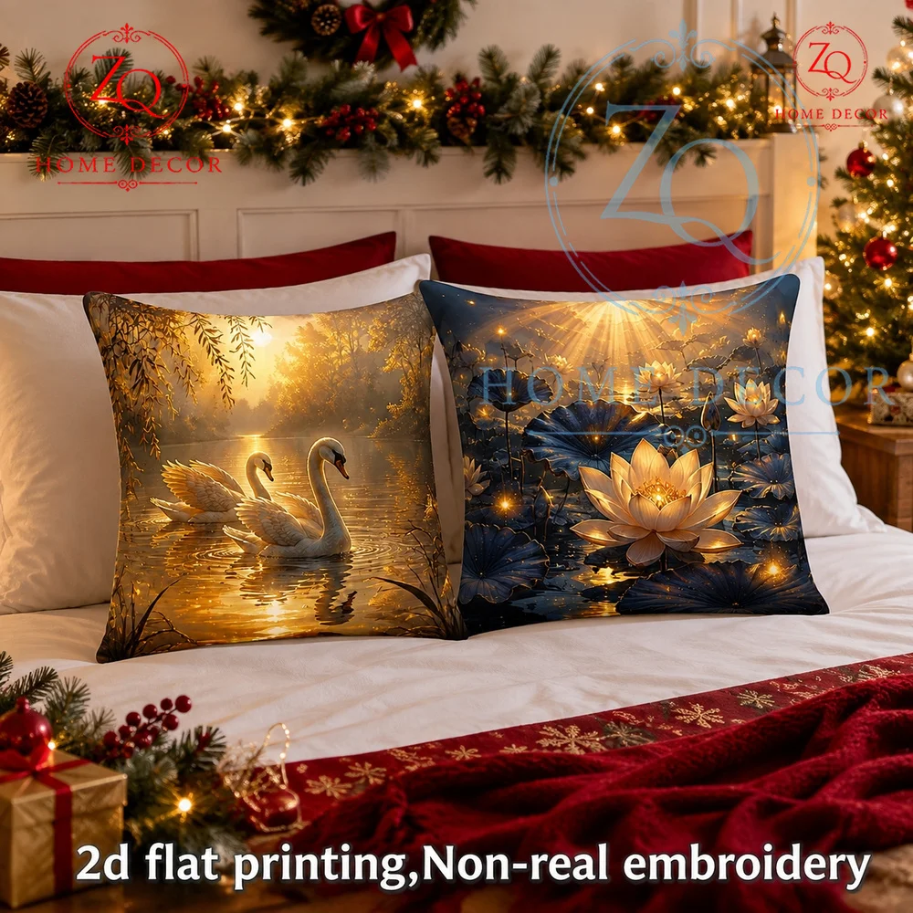 Enchanted Golden Swan Lake Throw Pillow Cover Romantic Warm Tone Home Decor Cushion Case for Living Room Bedroom Sofa