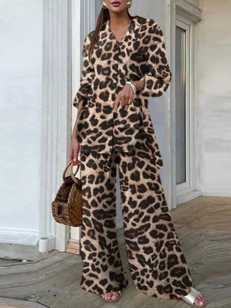 Summer Fashion Collection New Women's Wear Matching Collection Leopard Pattern Top Loose Wide Leg Pants Retro Two Piece Set