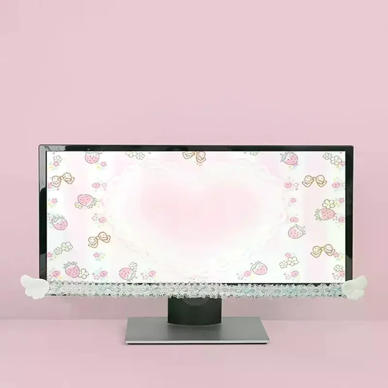 New Screen Decor Color Lace Monitor Trim With Plush Angel Wings Sweet Aesthetic Computer Decor For Home Office Gaming Desk