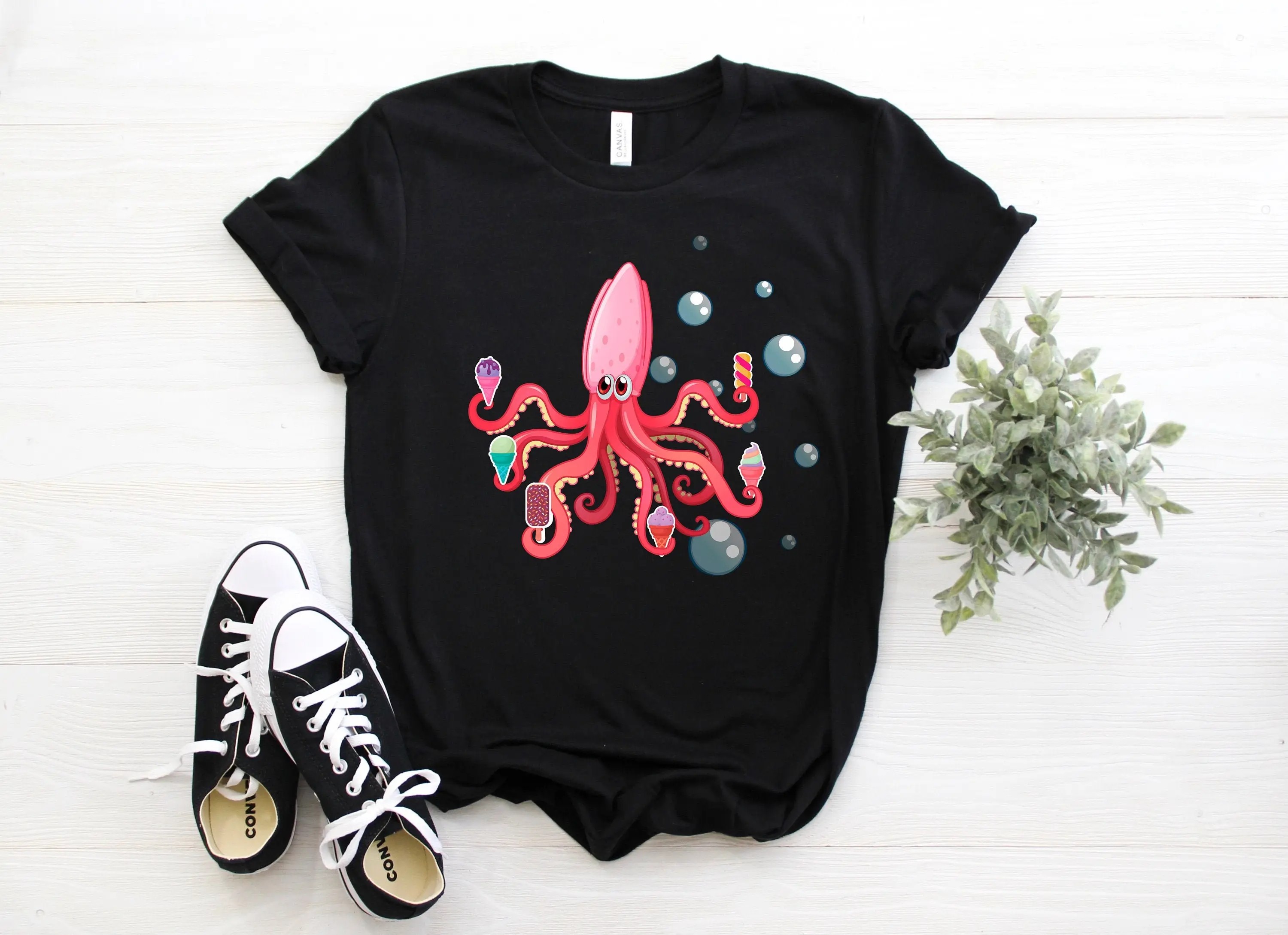 Cute Octopus Lover T Shirt Funny Ice Cream Kraken Tentacles Crop Sea Monster Dessert Lovers Party Present