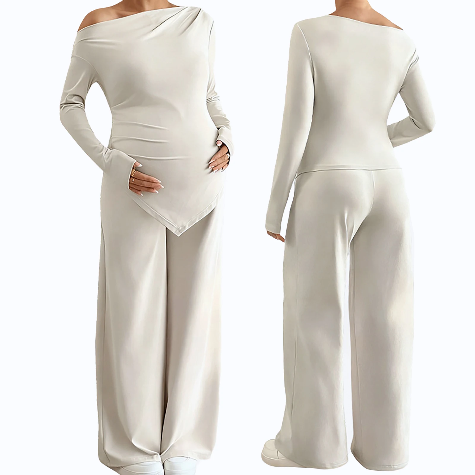 maternity-fashion-casual-costume-set-asymmetrical-top-with-adjustable-waist-straight-leg-pants-daily-office-work-shopping-outfit