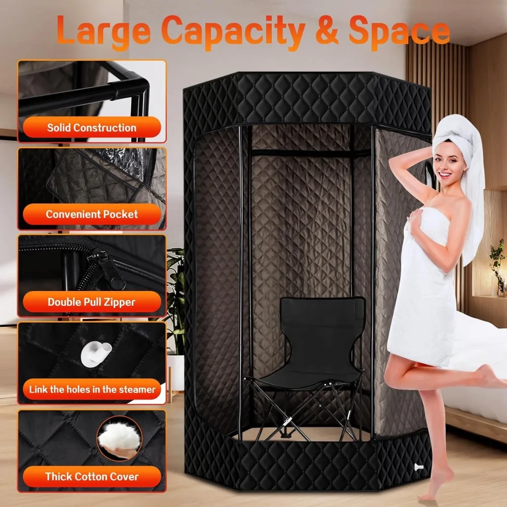 Sauna portátil para el hogar, tienda de Sauna de vapor hexagonal Personal XL de tamaño completo de 6'3 pulgadas con vaporizador de 4L y 1500W, silla con bolsillo,