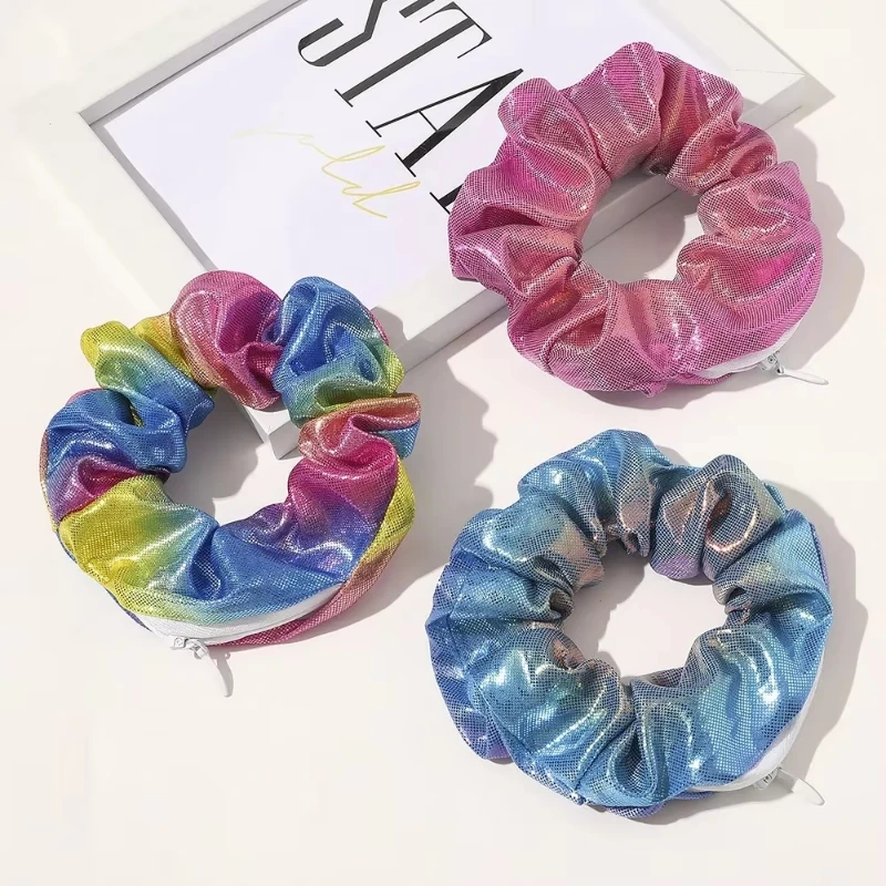 Hidden Safe Compartment Rainbow Hair Scrunchie ⁣⁣⁣⁣Hair Tie Laser Cloth With Zip Stash Pocket For Woman Travel Safe Storage