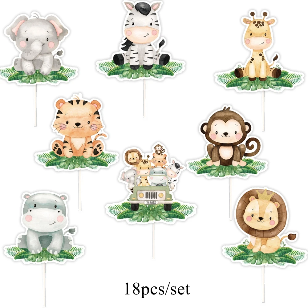 18pcs Carton Animal Cake Topper Paper Cupcake Toppers for Jungle Safari Forest Happy Birthday Party Decoration DIY Cake Supplies