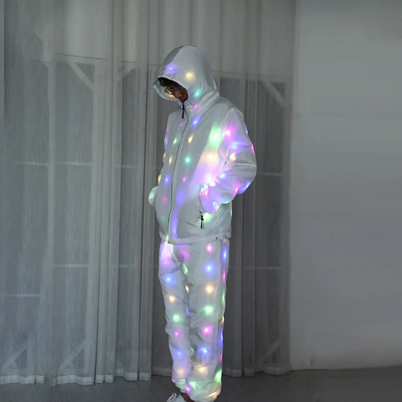 LED Jacket Zip Up Hoodie Pants Carnival Stage Costume Party Hip Hop Robot Dance Clothes Women Men Luminous Light Up Suit New