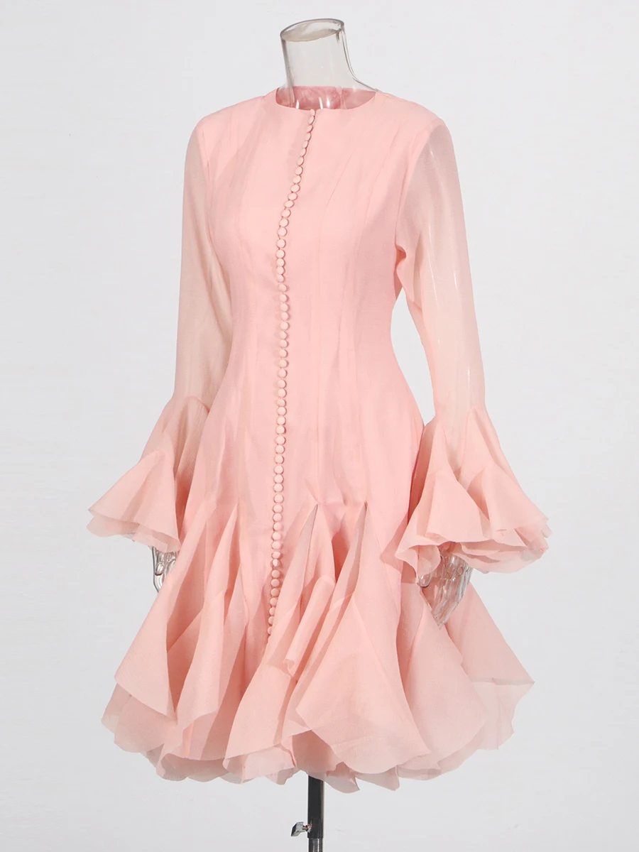 TWOTWINSTYLE Solid Spliced Button Slimming Dresses For Women O Neck Long Sleeve High Waist Patchwork Ruffles Female Fashion New image 3
