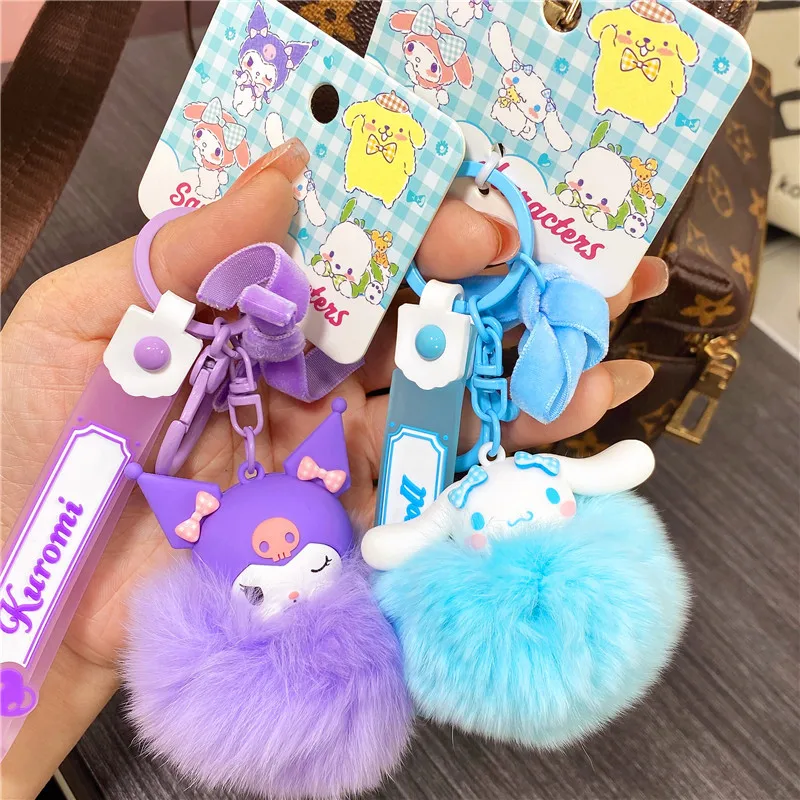 

Sanrio Cartoon Kawaii Keychain Plush Charm Kuromi Hellokitty Fluffy Ball with Skull Bow Metal Ring for Keys Purse Anime Gifts