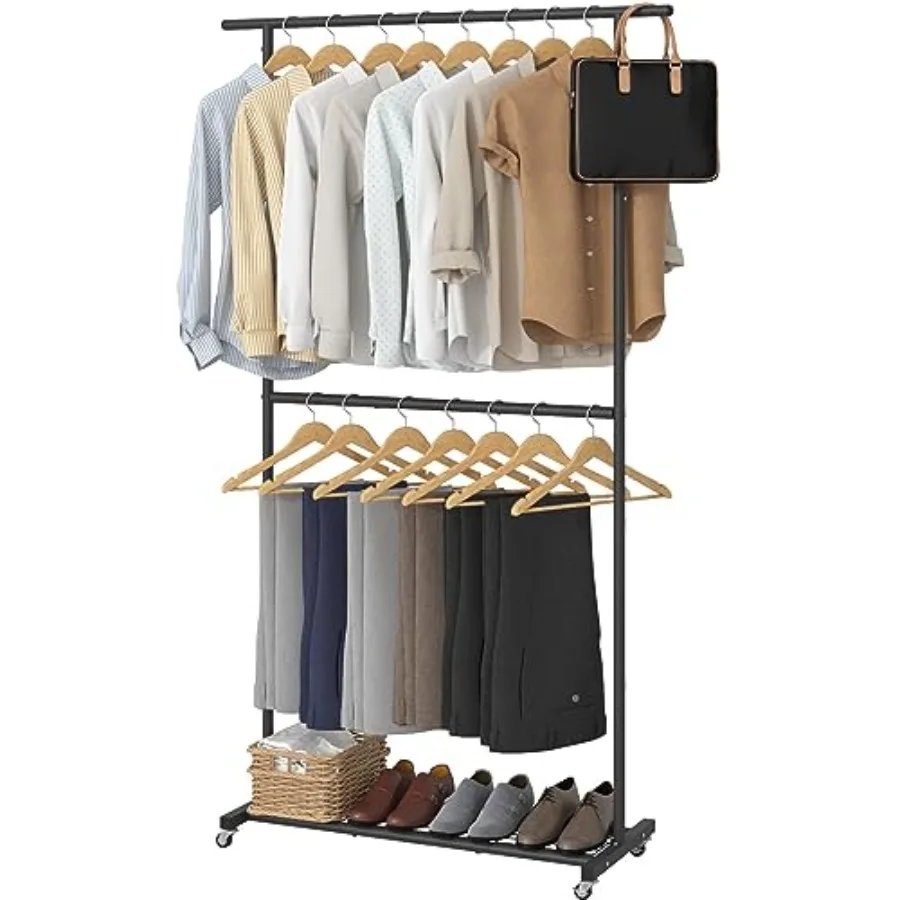 

Double Rod Clothing Garment Rack, Rolling Coat Hanger Bottom, Clothing Rack for Hanging Clothes, Coats, Skirts, Sweaters