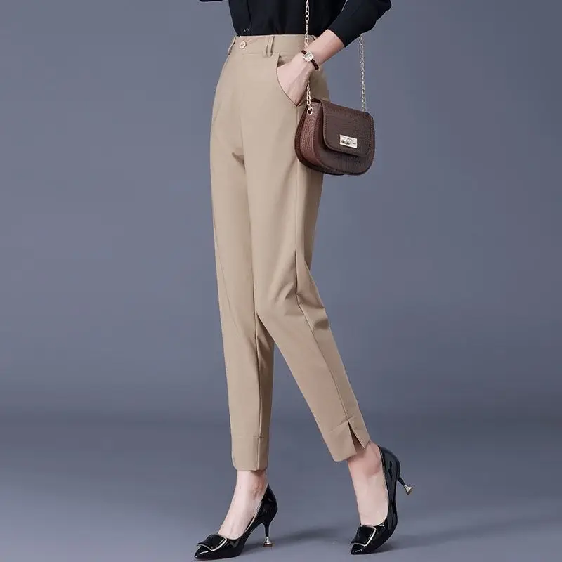 

Spring Summer High Waist Slim All-match Nine Point Pants Simplicity Solid Slit Hem Elegant Pants Vintage Casual Women Clothing