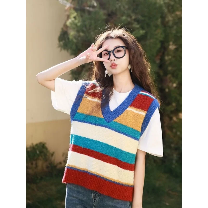 

Colorful Striped V-neck Knitted Vest Women's Top 2024 Early Autumn New Small Loose-Fitting Waistcoat Stitching Sweater