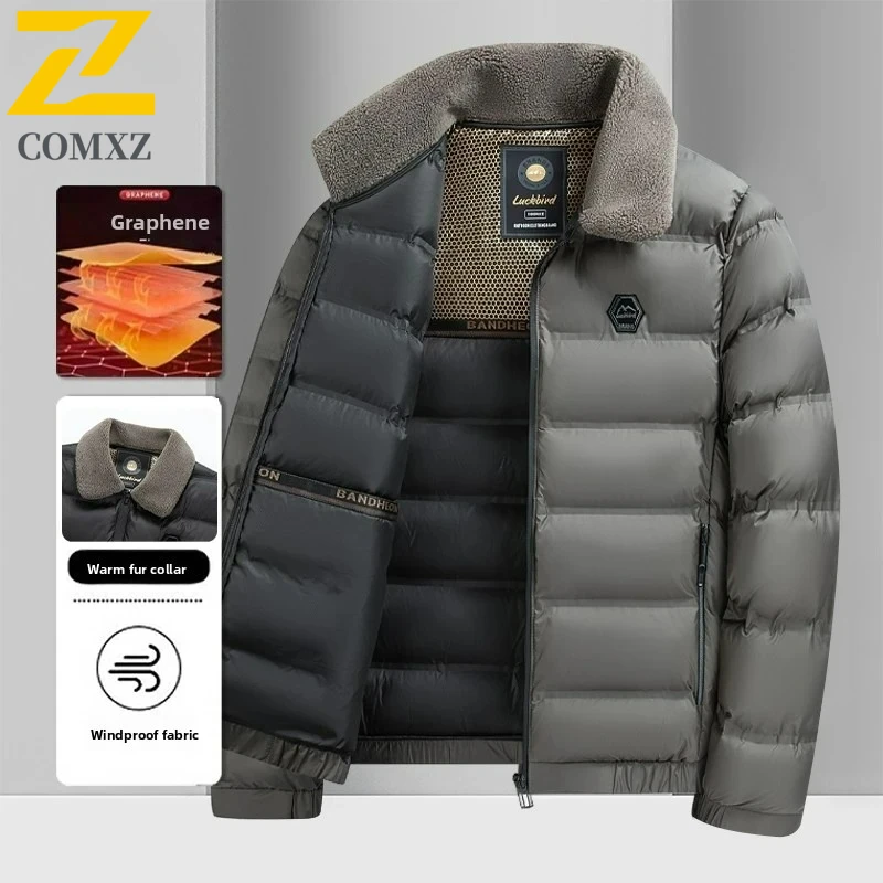 COMXZ Winter Wool Collar Jacket Men Top Grade Graphene Warm Padding Coat Snow Windbreaker Diamond Quilted Bubble Puffer Parkas
