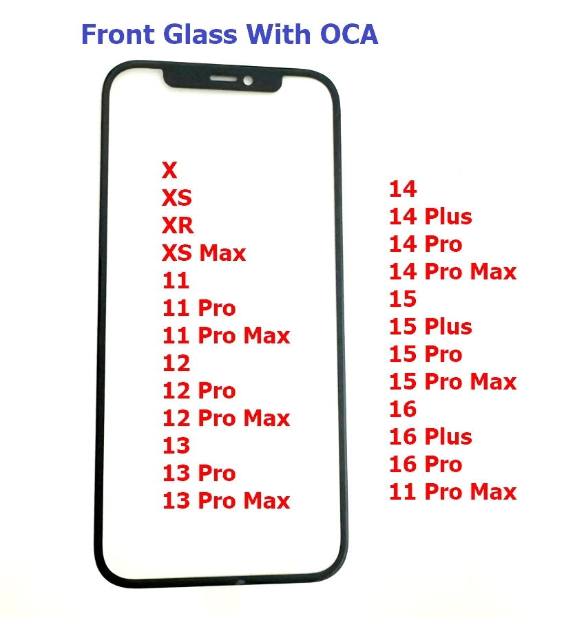 5Pcs Front Screen Outer Glass With OCA For iPhone X XS MAX XR 11 Pro Max  12 Pro Max 13 14 Plus 15 16 Pro Max Phone Repair