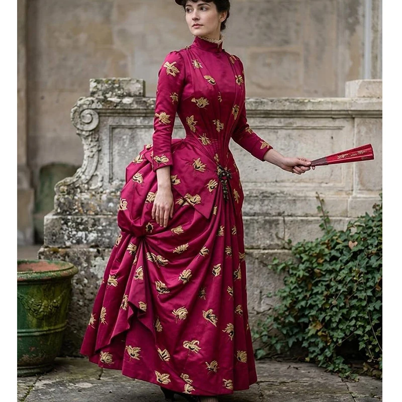 

Commissions Order 19th Century Victorian Red Bustle Gown Adult Women Historical Butterfly Printing Satin Wedding Dress