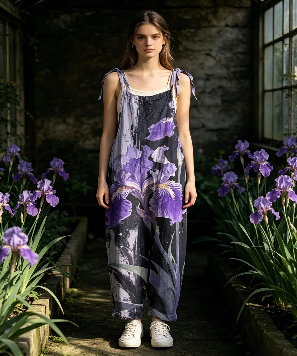 New women's oil painting texture giant purple flower print comfortable jumpsuit, off shoulder sleeveless loose jumpsuit