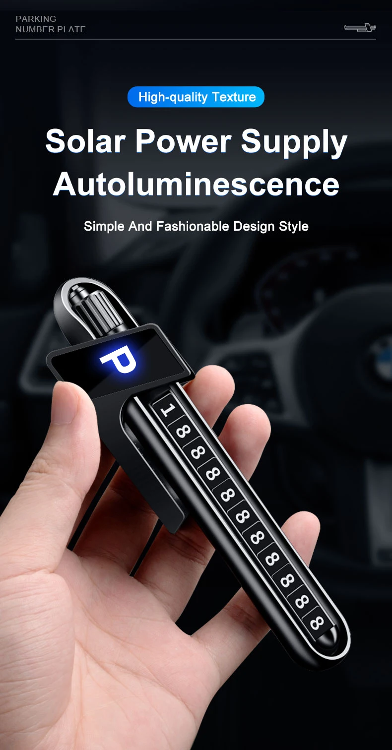 Leuchtende Parkplatz-Nummernschild mit Solarenergie, entworfen für die Dekoration des Armaturenbretts im Auto zur Anzeige temporärer Parkplatz-Telefonnummern – Detail 3