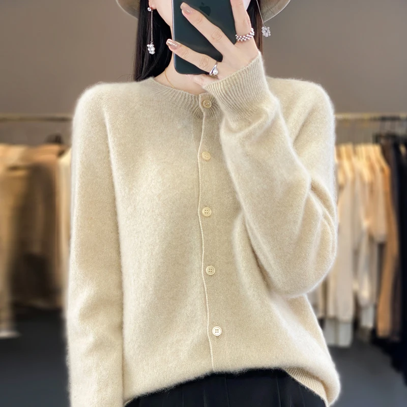 Autumn and winter new women's sweater 100% Merino wool round neck cardigan Korean gold and silver wire warm bottom knit shirt