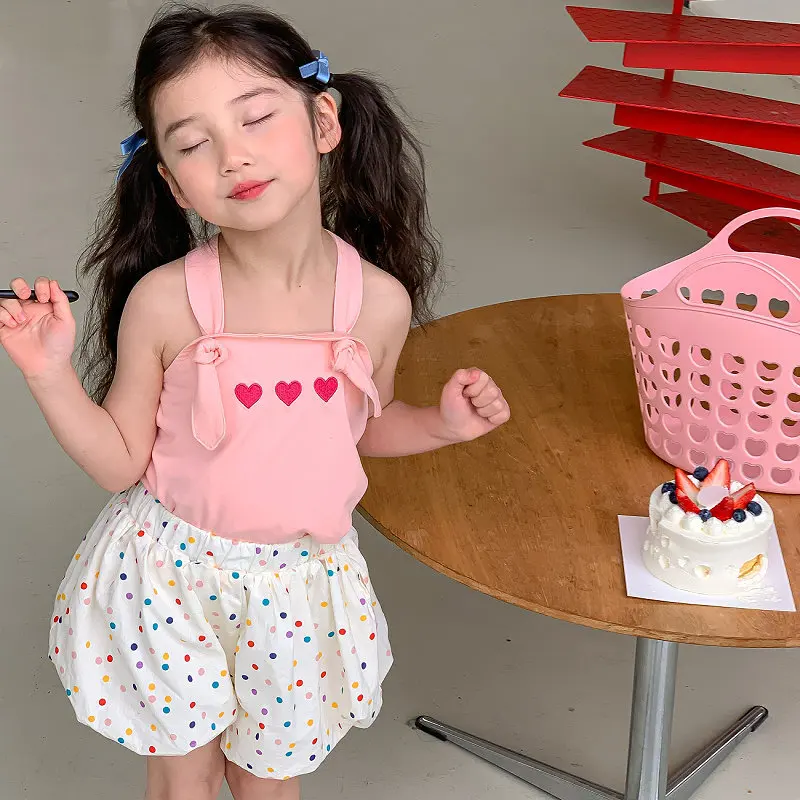 Girls' Set Embroidered Heart Strap Top with Polka Dot Bloomers25Summer New Foreign Trade Children's Wear Delivery