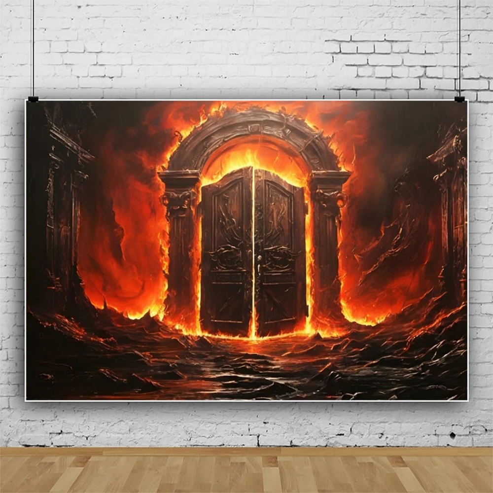 Halloween Hell Gate Devil Fire Backdrop Magic Arches Horror Theme Party Decor Ancient Castle Burning Flame Background Photo Prop