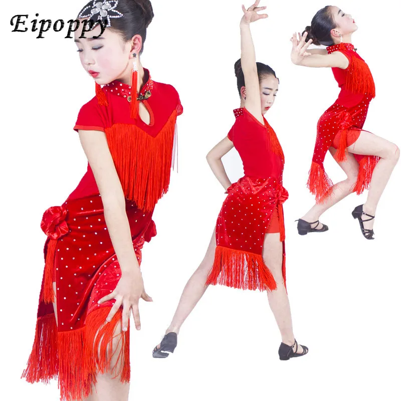 

new tassel children's girls Latin dance performance clothing cheongsam-style adult competition clothing