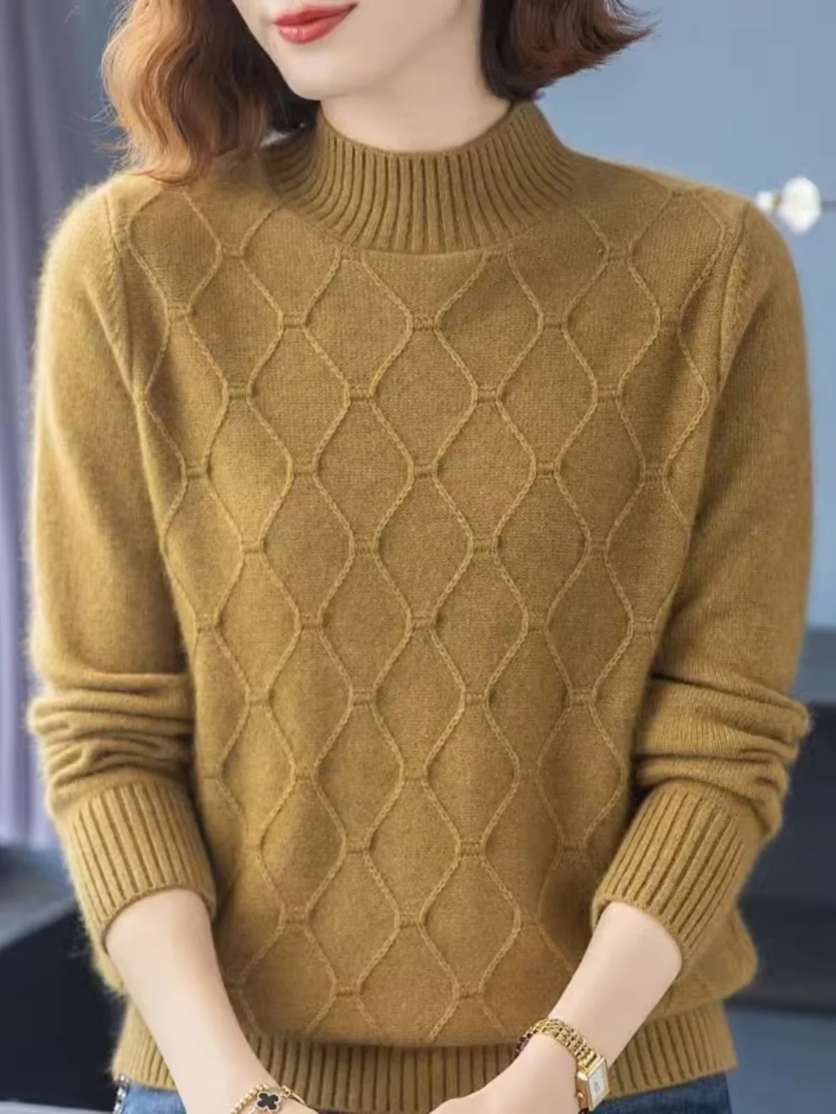 

Faionable Thiened Ladies Knitwear f High Collar Base irt Autumn Winter Soft Pluy Texture Commute Sle Long Sve