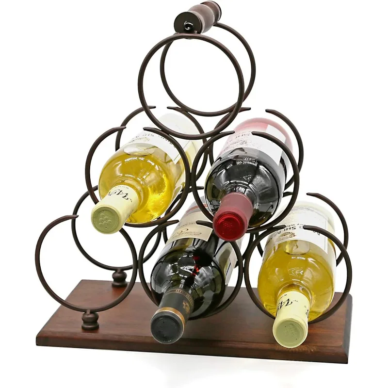 Countertop Wine Rack, Tabletop 6 Bottles Wood Holder, Sturdy Handle, 3-Tier Rustic Classic Design, Simple Assembly