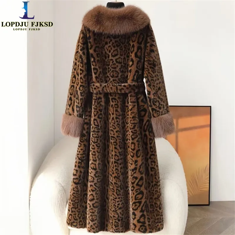 Leopard Print Fur Coat Female Adjustable Waist Long Jacket Autumn Winter Fashionable Clothes with Fur Collar