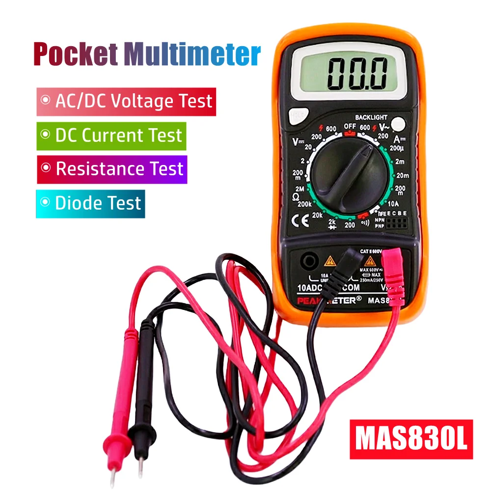 

MAS830L Digital AC/DC Voltage Current Resistance Diode Tester Portable Anti Burn Electricity Meter Multimeter with Backlight