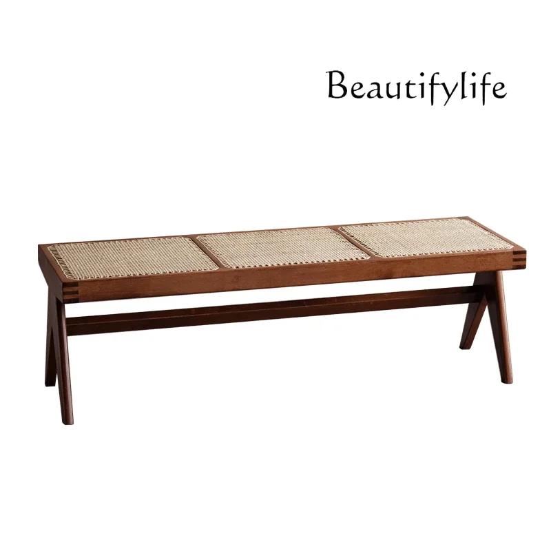 

Bench wabi sandy wind natural rattan porch shoe change stool bedroom end all solid wood high-end